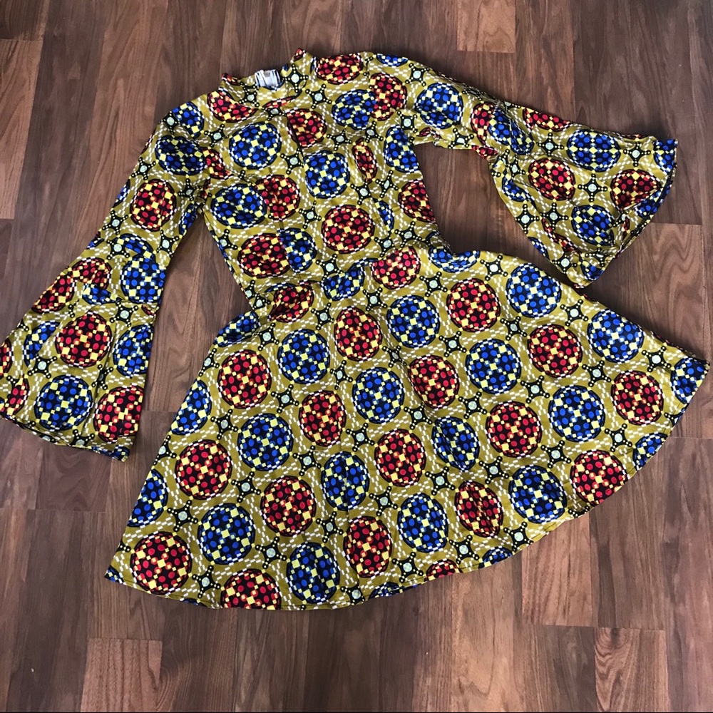 Wax print bell sleeve fit-and-flare dress XS